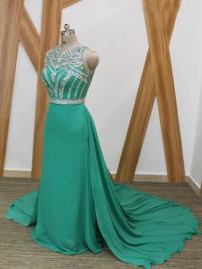 Turquoise Prom Evening Gown Scoop Sleeveless Watteau Train Side Zipper