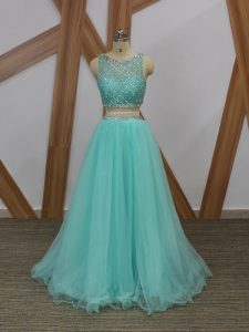 Fantastic Apple Green Sleeveless Floor Length Beading Side Zipper Prom Party Dress