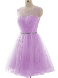 Mini Length Lavender Dress for Prom Tulle Sleeveless Beading and Ruching