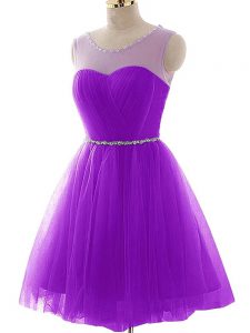 Excellent Scoop Sleeveless Mini Length Beading and Ruching Purple Tulle