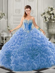 Customized Lace Up Ball Gown Prom Dress Light Blue for Military Ball and Sweet 16 and Quinceanera with Beading and Ruffles Court Train