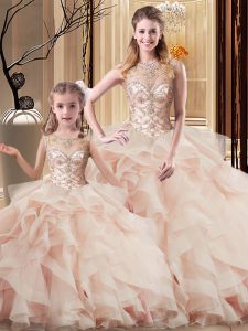 Brush Train Ball Gowns Quinceanera Dress Peach Scoop Tulle Sleeveless Lace Up