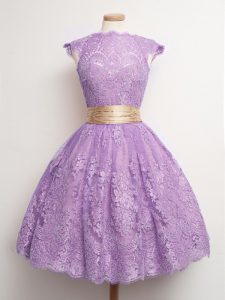 Eye-catching High-neck Cap Sleeves Lace Quinceanera Court of Honor Dress Belt Lace Up