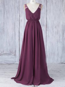 Custom Made Burgundy Chiffon Backless V-neck Sleeveless Floor Length Quinceanera Dama Dress Appliques