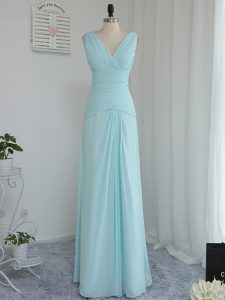 Suitable Floor Length Empire Sleeveless Aqua Blue Dama Dress for Quinceanera Zipper
