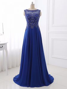 Bateau Sleeveless Prom Dress Sweep Train Beading Royal Blue Chiffon