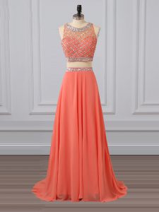 Low Price Watermelon Red Sleeveless Brush Train Beading Prom Dresses