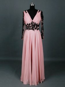 Chiffon V-neck Long Sleeves Zipper Lace and Appliques Prom Gown in Pink
