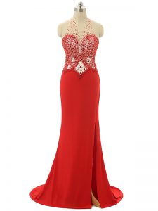 Luxury Red Backless High-neck Beading Prom Dresses Chiffon Sleeveless Brush Train
