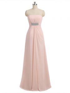 Elegant Baby Pink Chiffon Side Zipper Strapless Sleeveless Floor Length Vestidos de Damas Beading