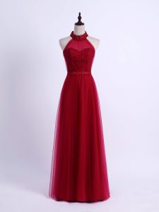 Luxurious Wine Red Sleeveless Tulle Lace Up Dama Dress for Prom and Party and Wedding Party