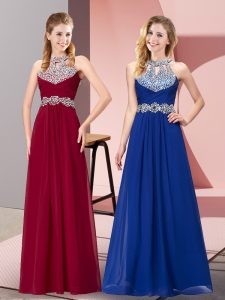 Smart Chiffon Halter Top Sleeveless Backless Beading Prom Dresses in Wine Red