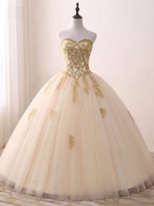 Sleeveless Floor Length Beading and Lace and Appliques Lace Up Vestidos de Quinceanera with Champagne