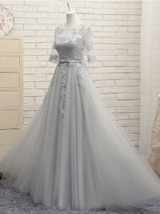 Exquisite Floor Length Empire Half Sleeves Grey Vestidos de Damas Lace Up