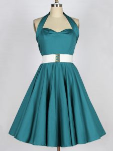 Latest Teal Sleeveless Knee Length Belt Lace Up Quinceanera Court of Honor Dress