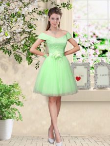 Glamorous Apple Green A-line Lace and Belt Quinceanera Court Dresses Lace Up Tulle Cap Sleeves Knee Length