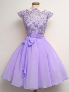 Pretty Lace and Belt Vestidos de Damas Lavender Lace Up Cap Sleeves Knee Length