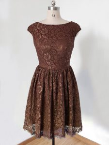 Vintage Brown Lace Up Dama Dress for Quinceanera Lace Cap Sleeves Knee Length