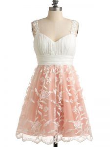 Sleeveless Knee Length Lace Lace Up Dama Dress for Quinceanera with Peach