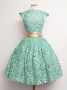 Ball Gowns Quinceanera Court of Honor Dress Turquoise Square Lace Cap Sleeves Knee Length Lace Up