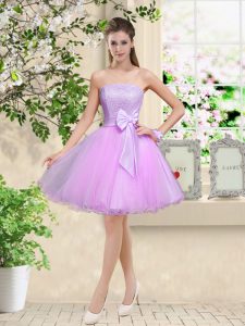 Modern Lilac Off The Shoulder Lace Up Lace and Belt Quinceanera Dama Dress Sleeveless