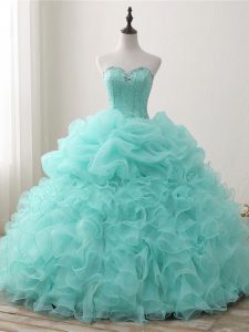 Beading and Ruffles and Pick Ups Sweet 16 Dress Apple Green Lace Up Sleeveless Floor Length
