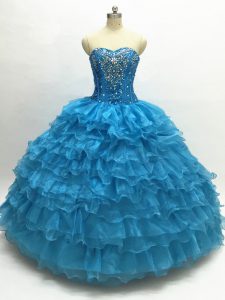 Free and Easy Sleeveless Organza Floor Length Lace Up Quince Ball Gowns in Teal with Beading and Ruffles
