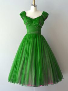 Great Green A-line Chiffon V-neck Cap Sleeves Ruching Knee Length Lace Up Dama Dress