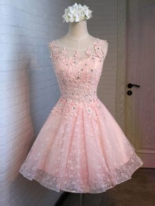 Mini Length Pink Prom Party Dress Scoop Sleeveless Lace Up