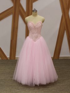 Excellent Tulle Sweetheart Sleeveless Lace Up Beading Prom Evening Gown in Baby Pink