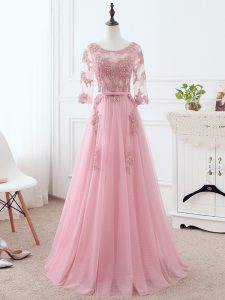 Sumptuous Scoop 3 4 Length Sleeve Prom Gown Floor Length Lace and Appliques and Belt Pink Tulle