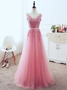 Smart V-neck Sleeveless Homecoming Dress Floor Length Lace and Appliques and Belt Pink Tulle