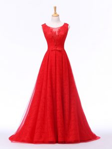 Lace Up Homecoming Dress Red for Prom and Military Ball and Sweet 16 with Lace and Appliques and Belt Brush Train