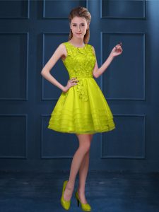 Scoop Sleeveless Quinceanera Dama Dress Knee Length Lace and Ruffled Layers Yellow Green Tulle