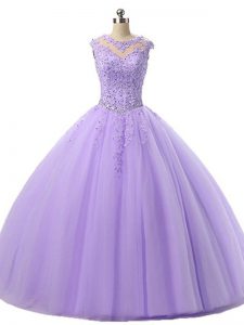 Edgy Floor Length Lavender Quinceanera Dresses Tulle Sleeveless Beading and Lace
