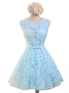 Shining Sleeveless Lace Knee Length Lace Up Quinceanera Dama Dress in Light Blue with Belt