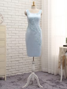 Fabulous Light Blue Column/Sheath Lace and Appliques Prom Dresses Zipper Satin Sleeveless Mini Length