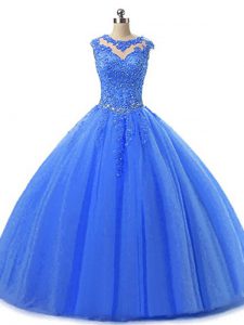 Blue Tulle Lace Up Vestidos de Quinceanera Sleeveless Floor Length Beading and Lace