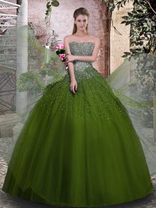 Olive Green Sleeveless Beading Floor Length 15th Birthday Dress