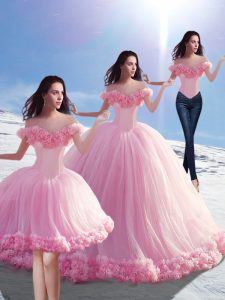 Fancy Baby Pink Tulle Lace Up Off The Shoulder Sleeveless 15th Birthday Dress Brush Train Hand Made Flower