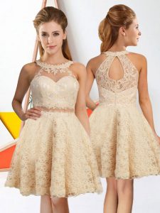 New Style Champagne A-line Lace Halter Top Sleeveless Lace Knee Length Zipper Quinceanera Court of Honor Dress