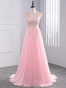 Suitable Side Zipper Prom Evening Gown Baby Pink for Prom and Party with Lace and Appliques Brush Train