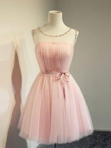 Romantic Baby Pink Tulle Lace Up Dama Dress for Quinceanera Long Sleeves Knee Length Belt