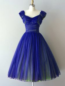 Fashion V-neck Cap Sleeves Court Dresses for Sweet 16 Knee Length Ruching Royal Blue Chiffon