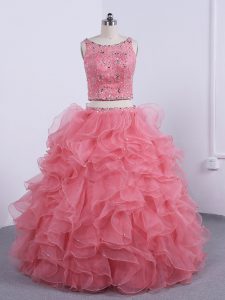 Fancy Watermelon Red Two Pieces Beading and Ruffles Quinceanera Gowns Zipper Organza Sleeveless Floor Length