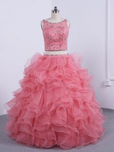 Fancy Watermelon Red Two Pieces Beading and Ruffles Quinceanera Gowns Zipper Organza Sleeveless Floor Length