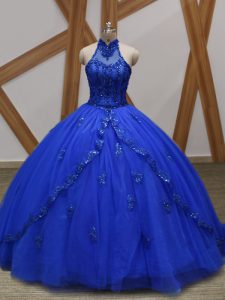 Trendy Royal Blue Tulle Lace Up Halter Top Sleeveless Sweet 16 Dress Brush Train Appliques