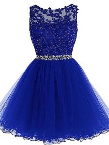 Sleeveless Tulle Mini Length Zipper Prom Party Dress in Royal Blue with Beading and Lace and Appliques and Ruffles