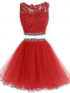 Beautiful Red Tulle Zipper Sleeveless Mini Length Beading