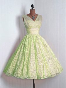 Comfortable Yellow Green Damas Dress Prom and Party and Wedding Party with Lace V-neck Sleeveless Lace Up